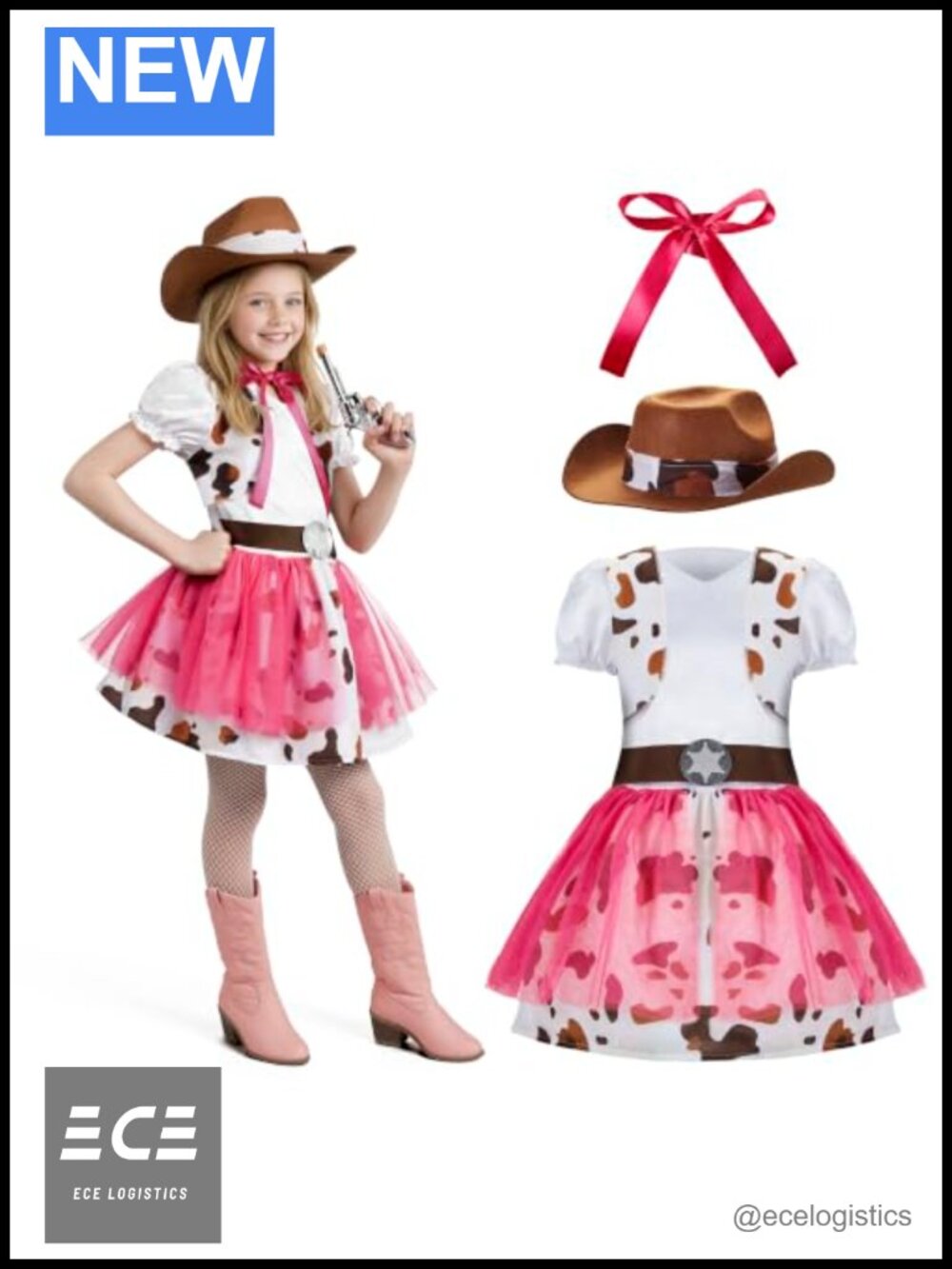 Girls Cowgirl Costume Dress with Hat Vest Belt Stockings 10-12